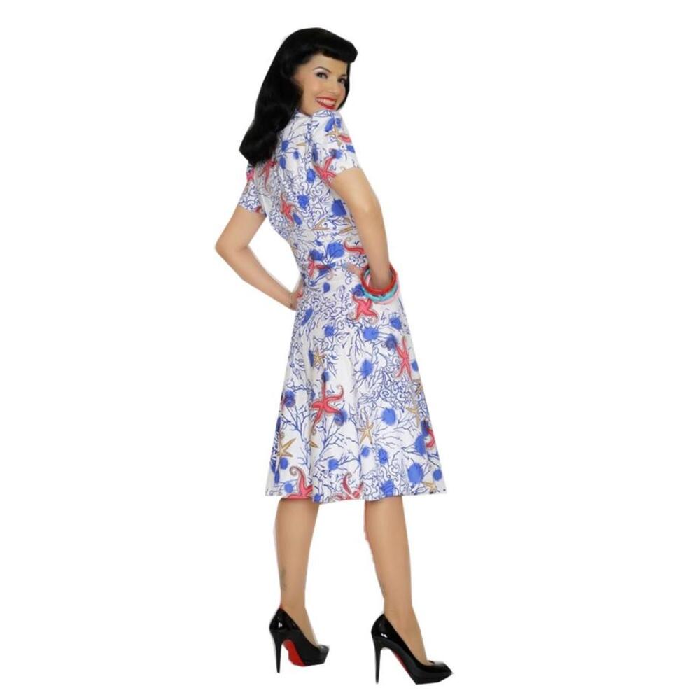 Nautical Ocean Sand Star Fish Front Zipper Zip Dress Womens Size 2 S Rockabilly - Picture 2 of 6